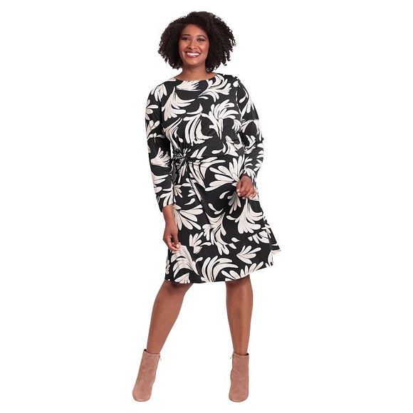 London Times Black Cream Print Side Twist Knee Length Dress Plus Size 22W NWOT - Picture 1 of 7